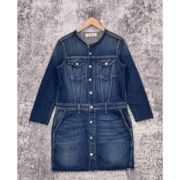 AMO Dress Medium Womens Lola Blue Denim Button Down Raw Hems - Picture 1 of 11